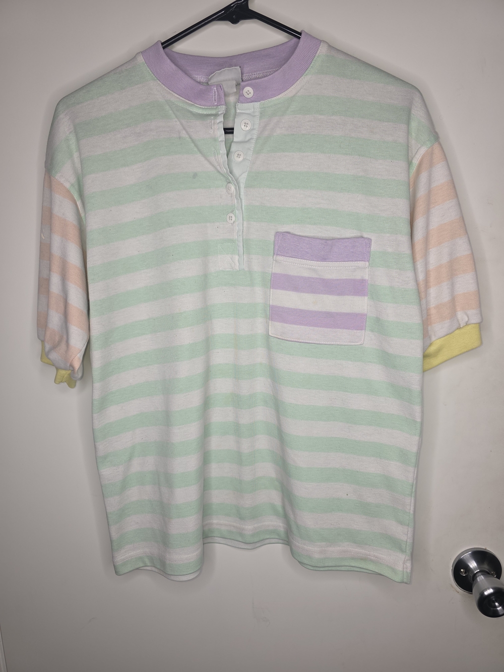 Vintage Koret Francisca Pastel Striped Henley Polo Shirt Short Sleeve Size M